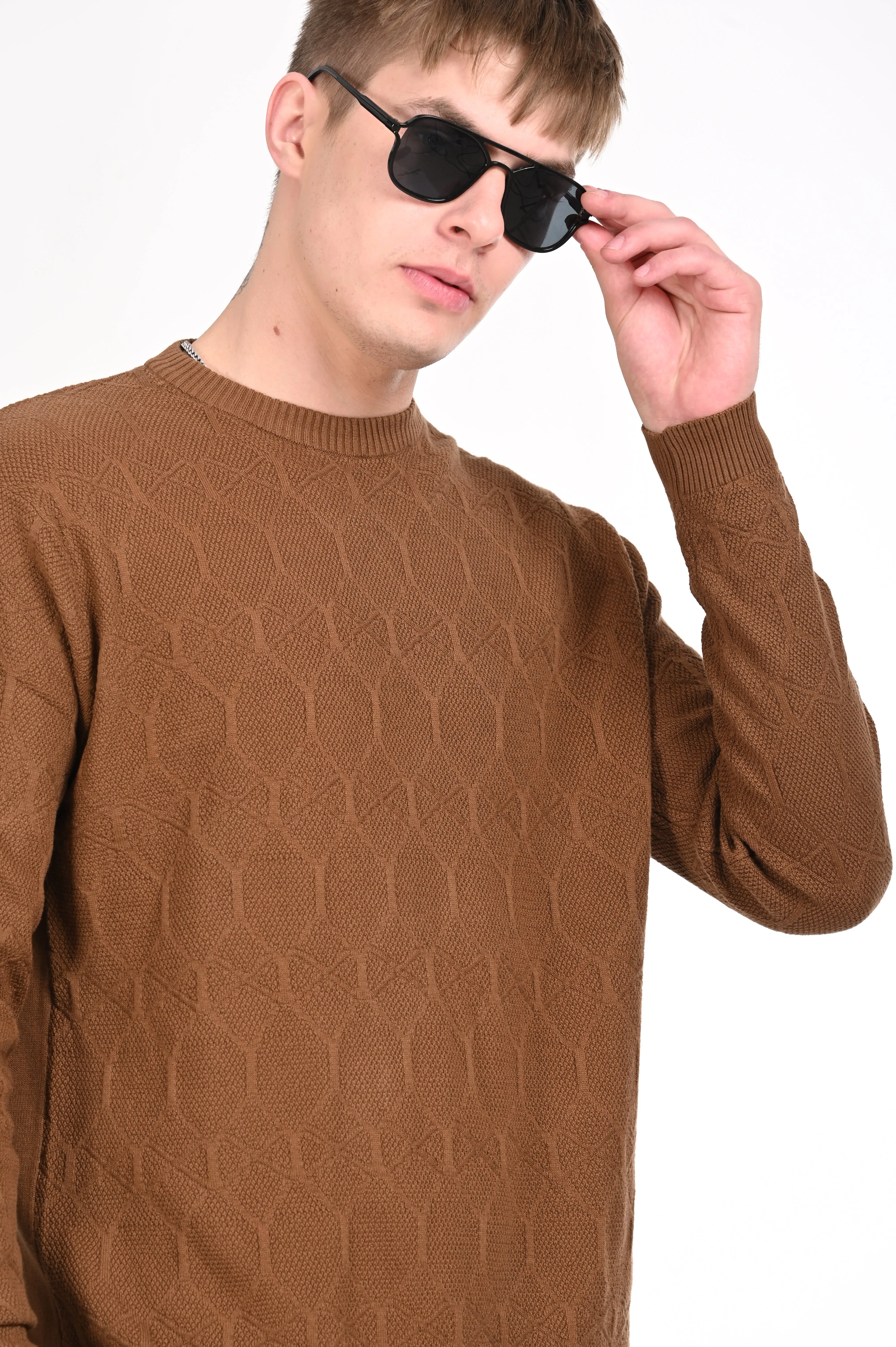 Brown Textured Regular Fit Sweater