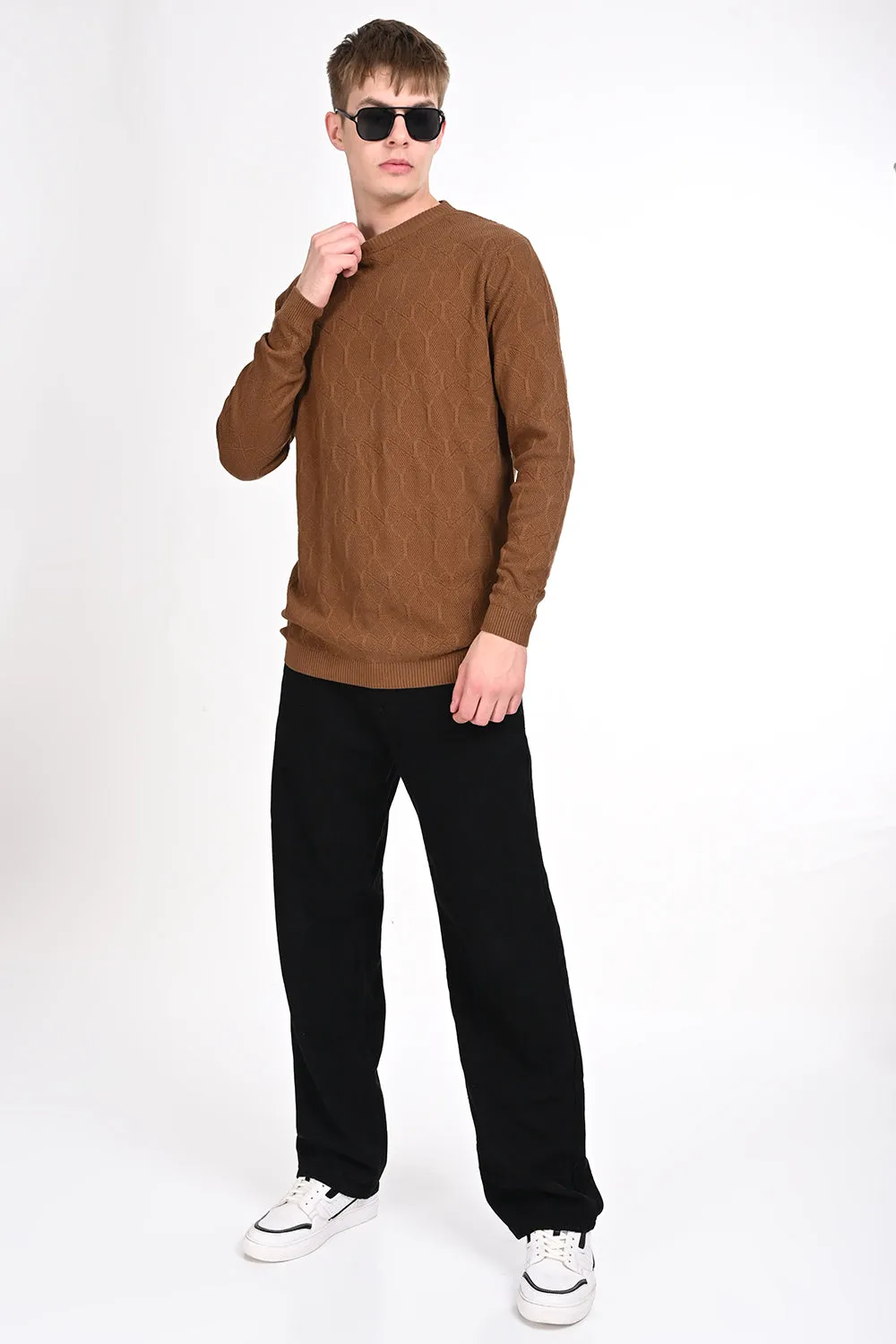 Brown Textured Regular Fit Sweater