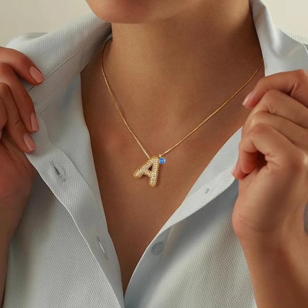 Bubble Letter Necklace With Birthstone, Gold Balloon Initial Letter With Dainty Birthstone Necklaces For Women Birthday Gifts Trendy Personalized Jewelry Gifts