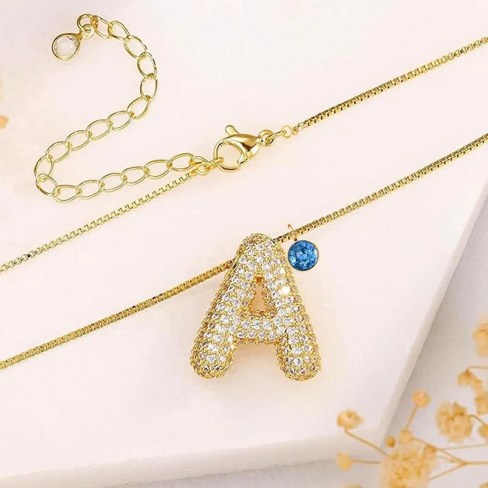 Bubble Letter Necklace With Birthstone, Gold Balloon Initial Letter With Dainty Birthstone Necklaces For Women Birthday Gifts Trendy Personalized Jewelry Gifts