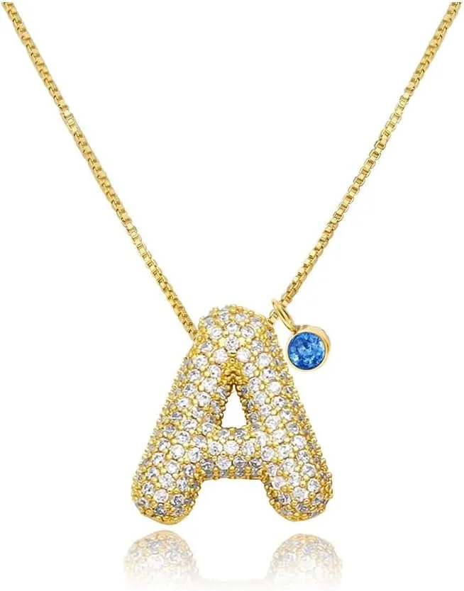 Bubble Letter Necklace With Birthstone, Gold Balloon Initial Letter With Dainty Birthstone Necklaces For Women Birthday Gifts Trendy Personalized Jewelry Gifts