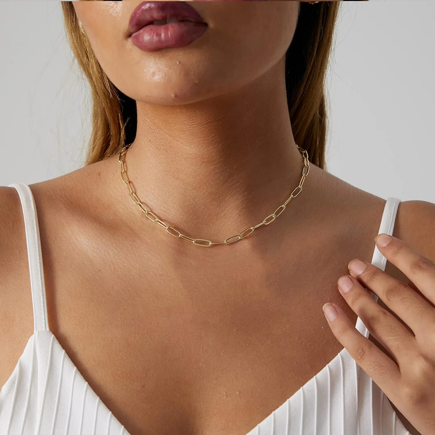 CAROVO 18K Gold Silver Plated Paperclip Chain Necklace for Women Delicate Love Heart Pendant Link Paperclip Chain Necklaces for Women