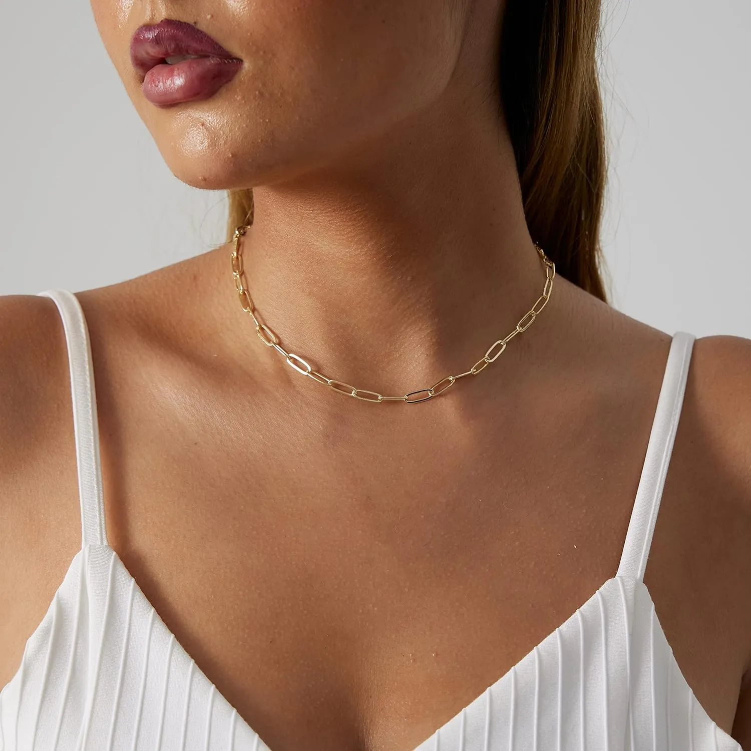 CAROVO 18K Gold Silver Plated Paperclip Chain Necklace for Women Delicate Love Heart Pendant Link Paperclip Chain Necklaces for Women