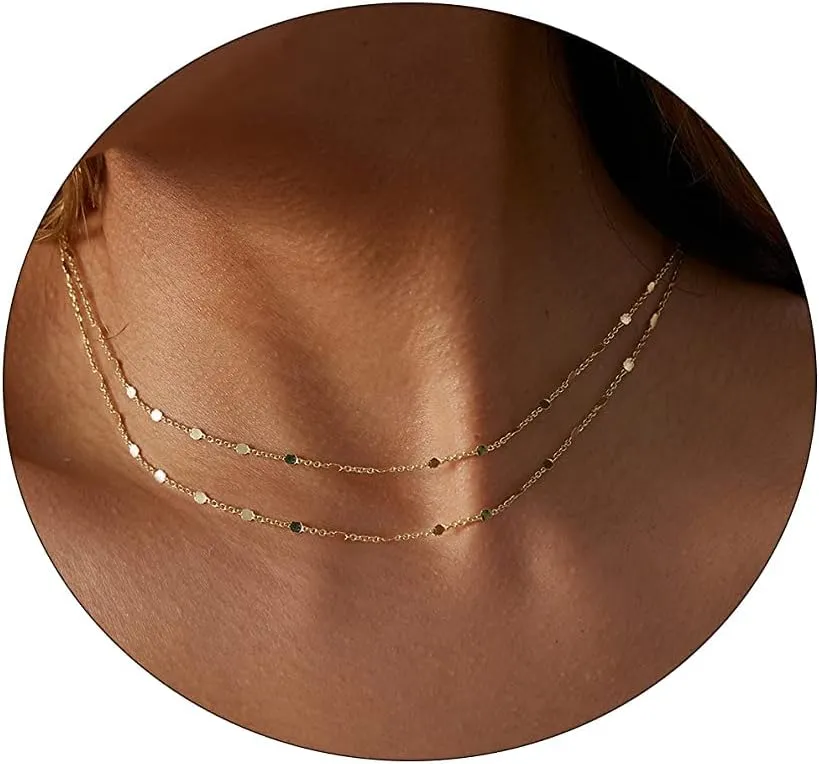 CAROVO Dainty Gold Chain Choker Necklace for Women 18K Gold Plated Minimalist Figaro Beaded Lace Satellite Coin Chain Necklace Delicate Choker Jewelry Gifts for Women