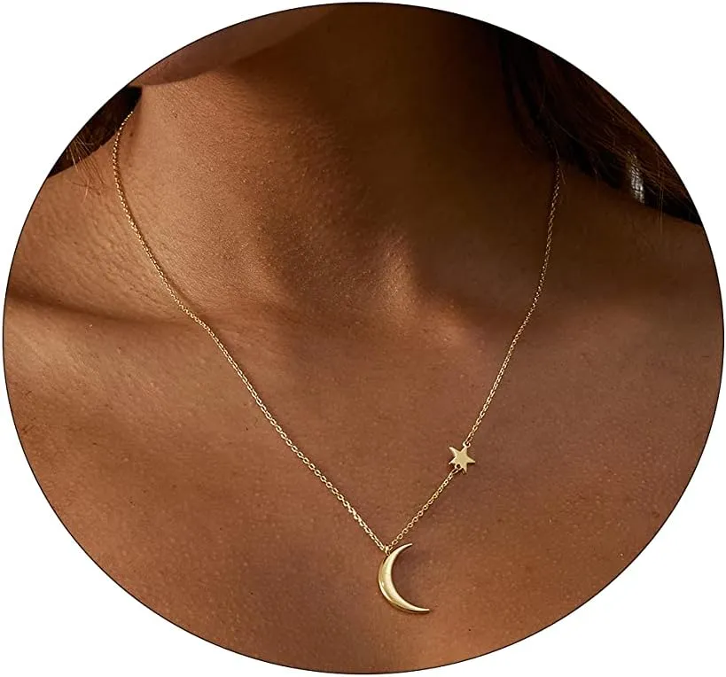 CAROVO Dainty Gold Moon Star Pendant Necklace 18K Gold Filled Cute Delicate Butterfly Heart Evil Eye Italian Horn Cornicello Protection Necklaces Minimalist Charm Jewelry Gift for Women