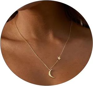 CAROVO Dainty Gold Moon Star Pendant Necklace 18K Gold Filled Cute Delicate Butterfly Heart Evil Eye Italian Horn Cornicello Protection Necklaces Minimalist Charm Jewelry Gift for Women