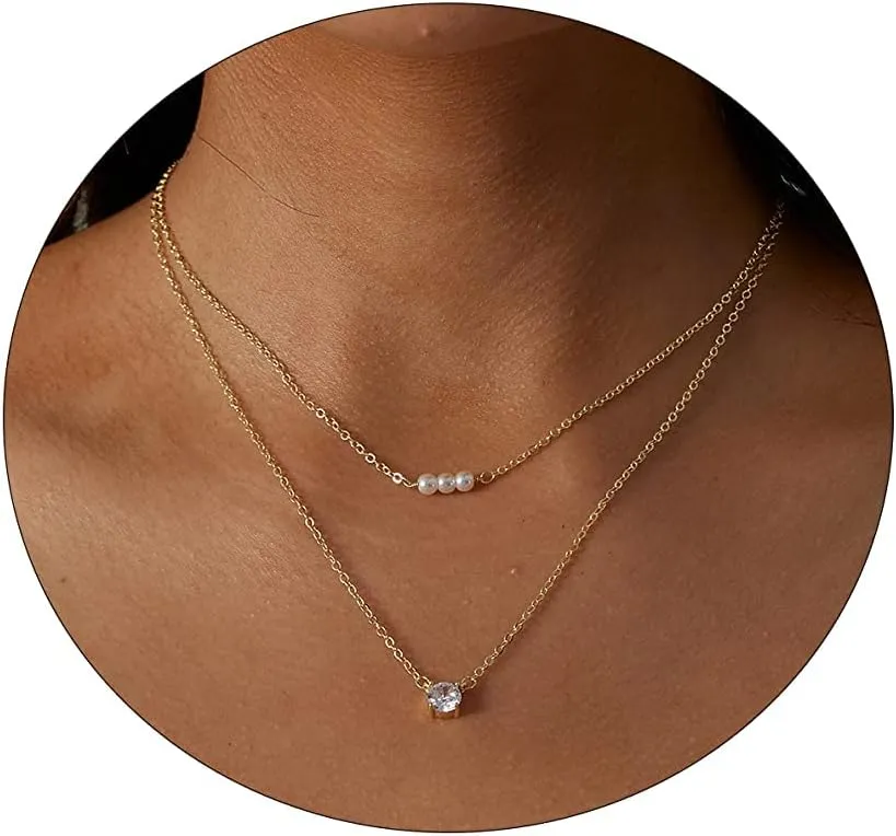 CAROVO Dainty Pearl Pendant Necklaces for Women 14k Gold Plated Barque Pearl Chain Necklace Delicate Handmade Cultured Pearl Necklace Everyday Jewelry for Gifts