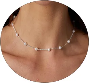 CAROVO Dainty Pearl Pendant Necklaces for Women 14k Gold Plated Barque Pearl Chain Necklace Delicate Handmade Cultured Pearl Necklace Everyday Jewelry for Gifts