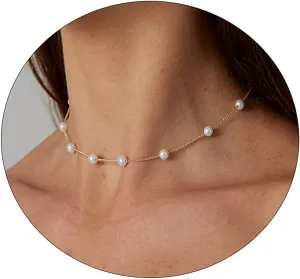 CAROVO Dainty Pearl Pendant Necklaces for Women 14k Gold Plated Barque Pearl Chain Necklace Delicate Handmade Cultured Pearl Necklace Everyday Jewelry for Gifts