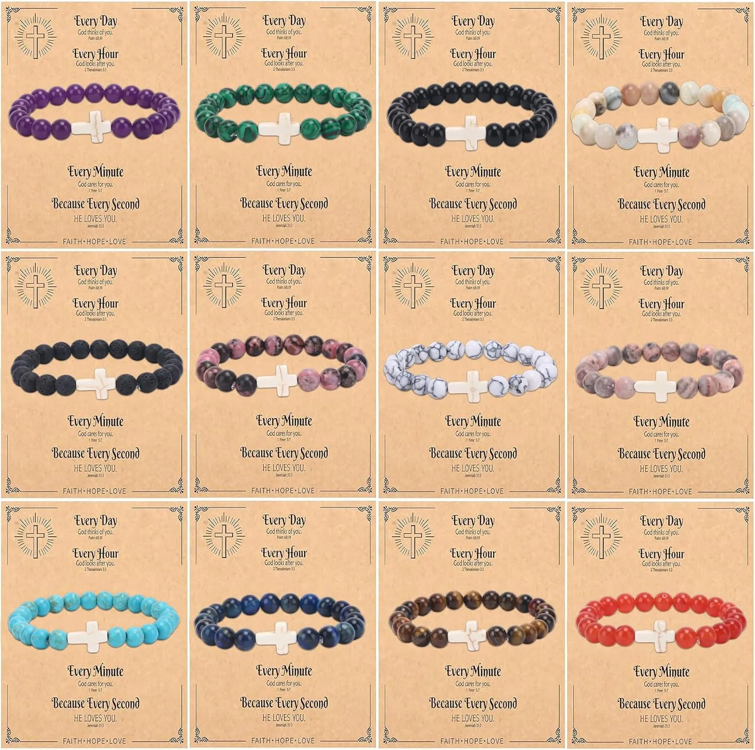 CASDAN 12Pcs Cross Bracelets for Women Men 8mm Stone Bracelet Crystal Bracelets Semi-Precious Gemstone Bracelet Set for Christian Gifts