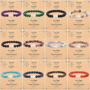 CASDAN 12Pcs Cross Bracelets for Women Men 8mm Stone Bracelet Crystal Bracelets Semi-Precious Gemstone Bracelet Set for Christian Gifts