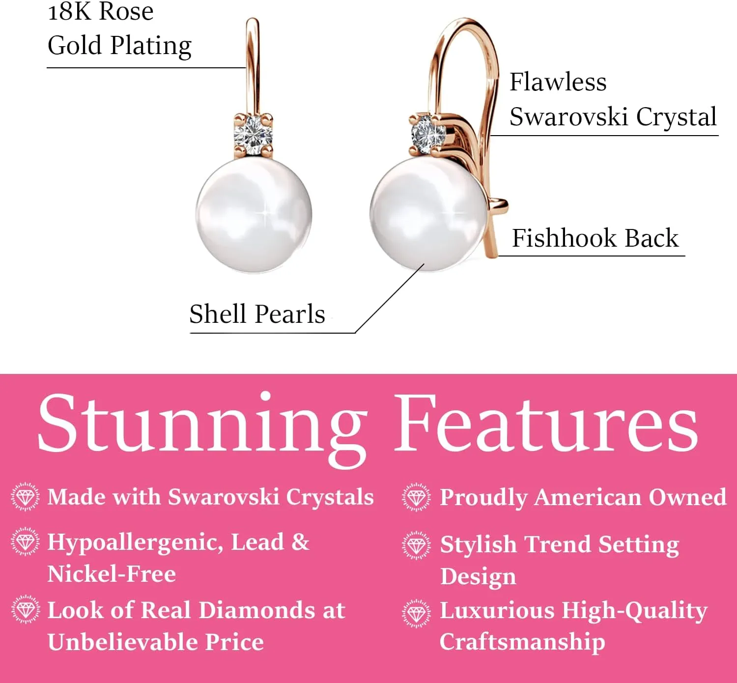 Cate & Chloe Cassie 18k White Gold Pearl Drop Earrings For Women | Women's Drop & Dangle Earrings With Crystals, Classic Pearl Earring Set, Fashion Earrings For Women, Hypoallergenic Earrings