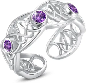 Celtic Ring 925 Sterling Silver February Birthstone Rings Amethyst Ring Celtic Knot Rings Silver Adjustable Open Rings for Women Trendy Jewelry Gifts