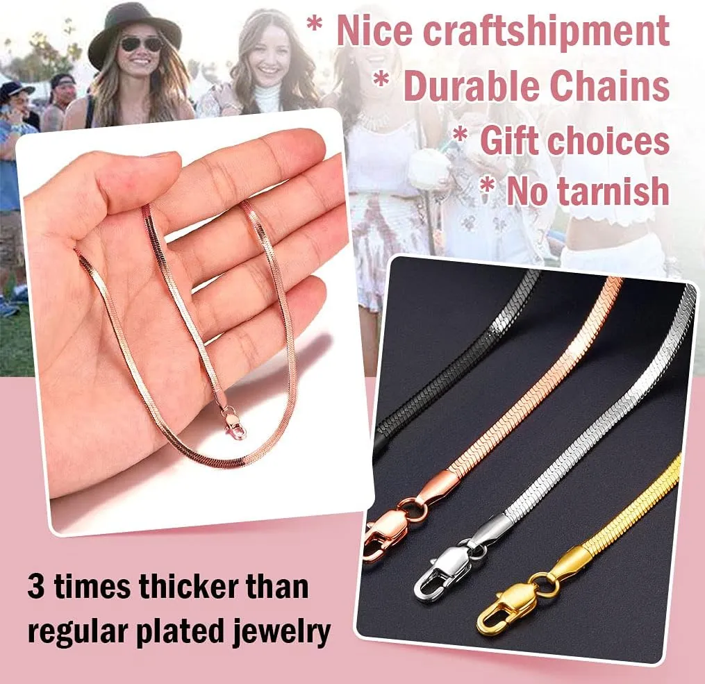 ChainsPro Womens Layered Necklace, Herringbone Chain, Snake Choker, Delicate Dainty Jewelry, 3/5MM Width, 12"/15"(Send Gift Box)