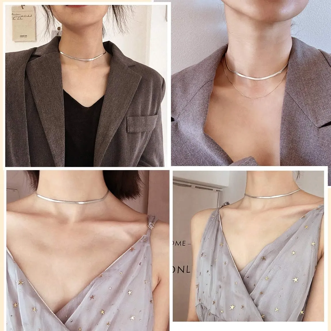ChainsPro Womens Layered Necklace, Herringbone Chain, Snake Choker, Delicate Dainty Jewelry, 3/5MM Width, 12"/15"(Send Gift Box)