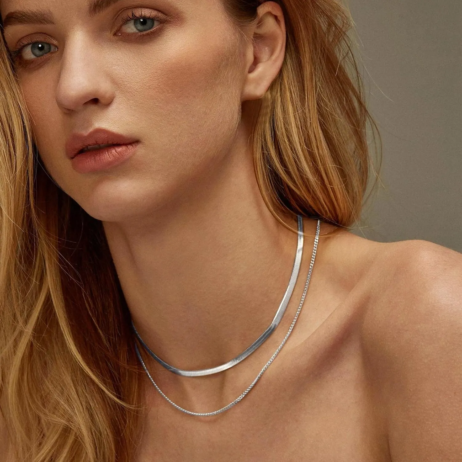 ChainsPro Womens Layered Necklace, Herringbone Chain, Snake Choker, Delicate Dainty Jewelry, 3/5MM Width, 12"/15"(Send Gift Box)