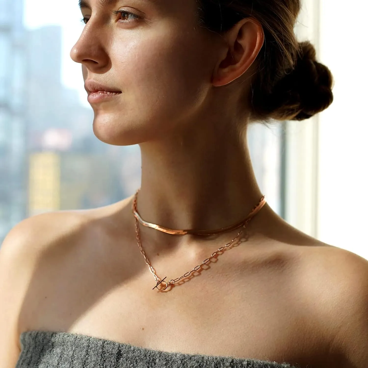 ChainsPro Womens Layered Necklace, Herringbone Chain, Snake Choker, Delicate Dainty Jewelry, 3/5MM Width, 12"/15"(Send Gift Box)