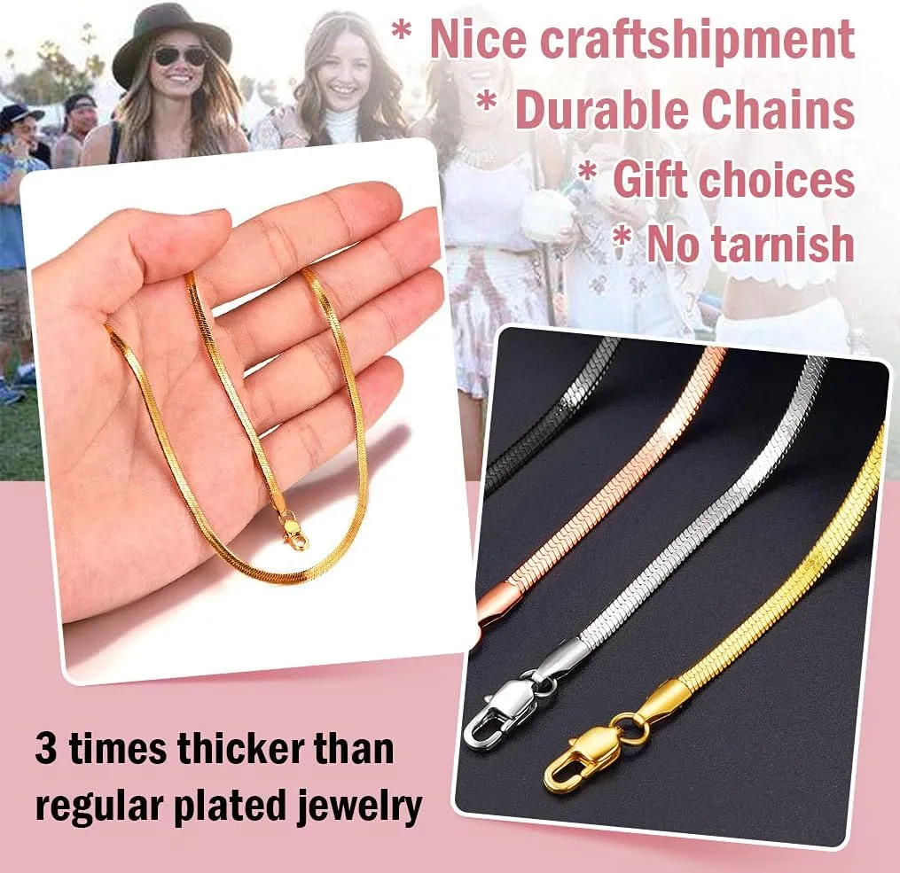 ChainsPro Womens Layered Necklace, Herringbone Chain, Snake Choker, Delicate Dainty Jewelry, 3/5MM Width, 12"/15"(Send Gift Box)
