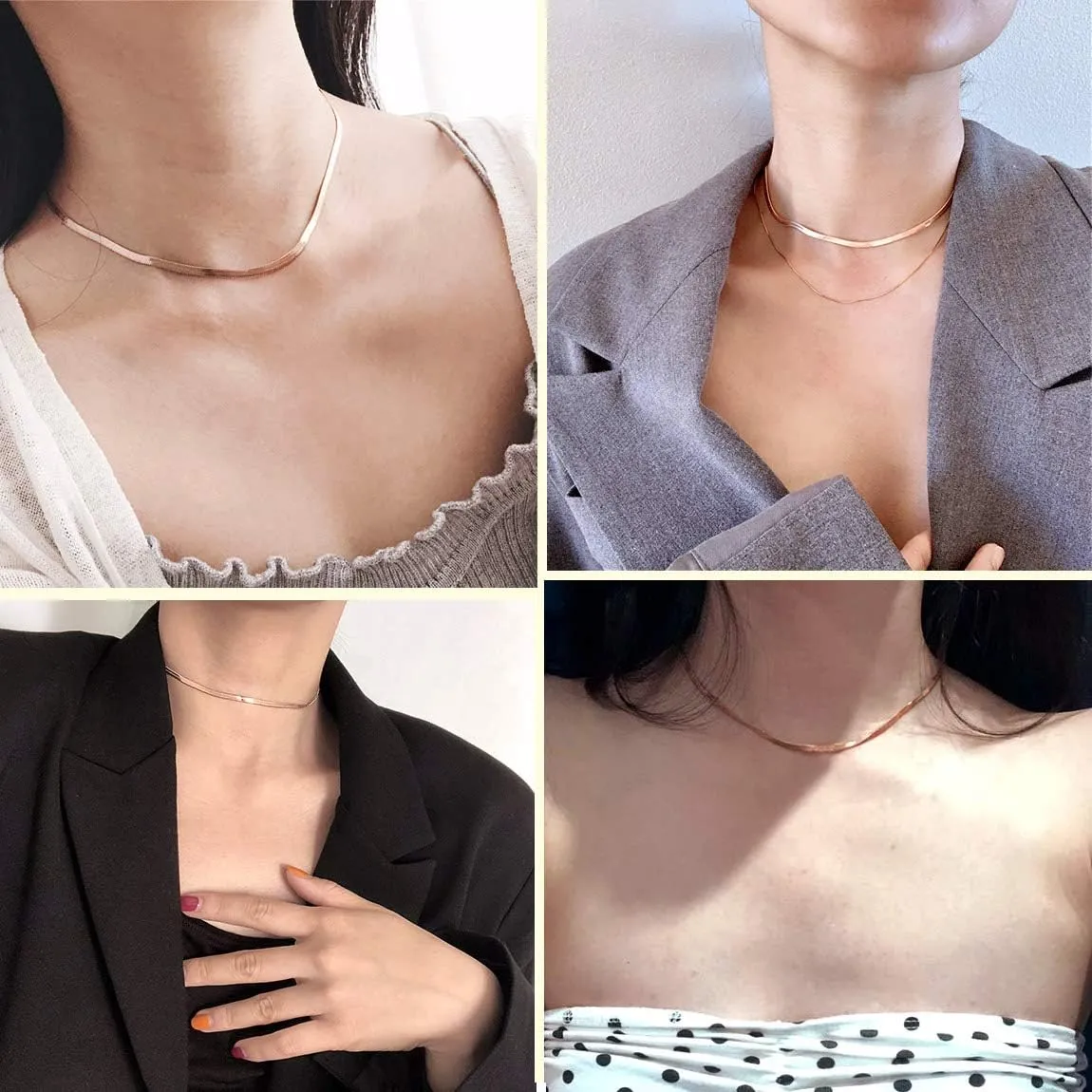 ChainsPro Womens Layered Necklace, Herringbone Chain, Snake Choker, Delicate Dainty Jewelry, 3/5MM Width, 12"/15"(Send Gift Box)