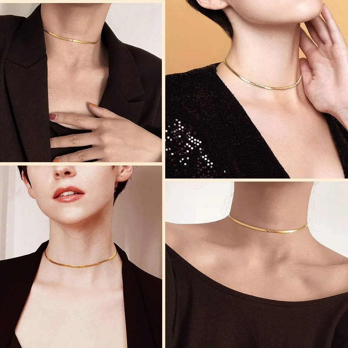 ChainsPro Womens Layered Necklace, Herringbone Chain, Snake Choker, Delicate Dainty Jewelry, 3/5MM Width, 12"/15"(Send Gift Box)