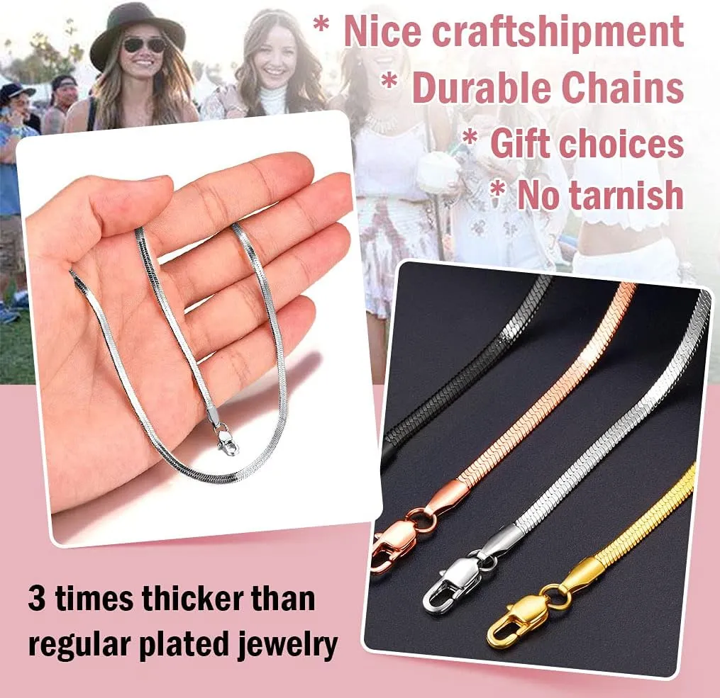 ChainsPro Womens Layered Necklace, Herringbone Chain, Snake Choker, Delicate Dainty Jewelry, 3/5MM Width, 12"/15"(Send Gift Box)