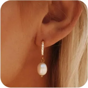 CHESKY 14k Gold Plated Pearl Hoop Earrings for Women - Trendy Chunky Drop Dangle Huggie Earrings - Hypoallergenic Statement Jewelry Gifts for Her