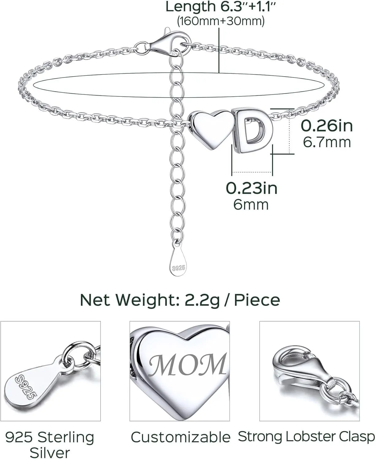 ChicSilver Sterling Silver Initial Bracelet Letters Personalized Heart Bracelet Hypoallergenic Dainty Bracelets for Women