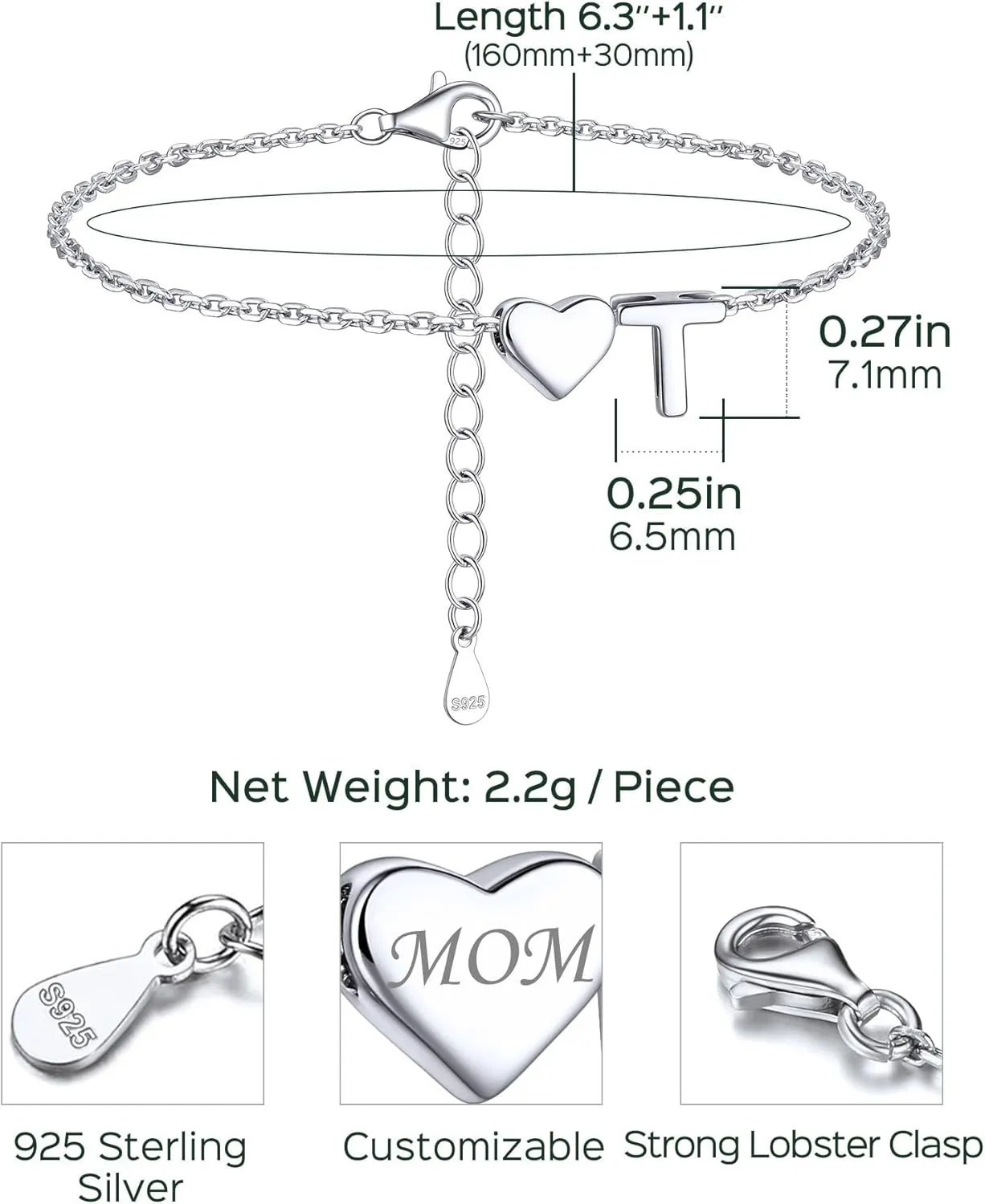 ChicSilver Sterling Silver Initial Bracelet Letters Personalized Heart Bracelet Hypoallergenic Dainty Bracelets for Women