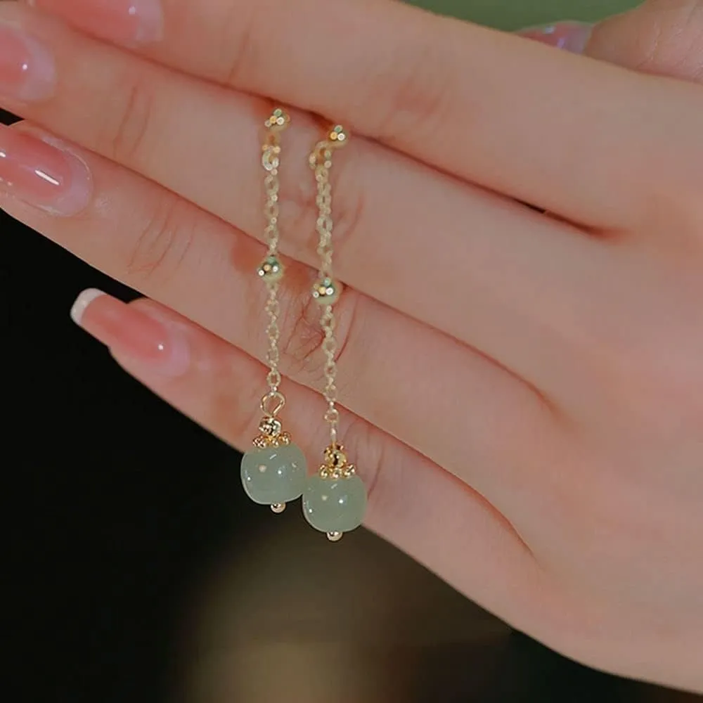 Chinese Style Vintage Imitation Hetian Jade Earrings, Women's Antique Drop Earrings Tassels Stud Earrings Jewelry Gifts