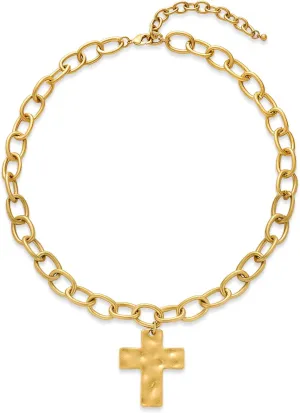 Chunky Cross Necklace Gold Thick Cuban Chain with Big Bold Hammered Cross Vintage Matte Gold Statement Necklace for Women