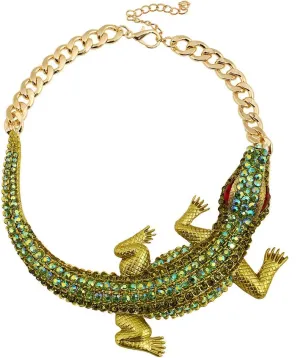 Chunky Exaggerated Crocodile Statement Collar Necklace Green Rhinestone for Women Large Punk Gothic Alligator Animal Bib Choker Fashion Hip Hop Stylish Crystal Gator Necklaces Halloween Cosplay Jewelry Party Prom Gifts