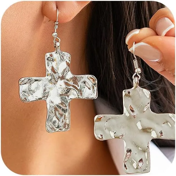Chunky Gold Big Hammered Cross Drop Dangle Earrings for Women Trendy, Bold Thick Large Silver Cross Hook Earrings Dainty Vintage Faith Chain Jewelry