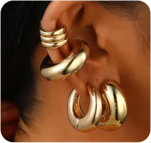 Chunky Gold Ear Cuff Earrings for Women,Minimalist Large Clip On Earrings Thick Stainless Steel Non Piercing Earring,Trendy Statement Ear Jewelry