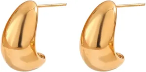 Chunky Gold Stud Half Hoop Earrings, Waterdrop Earrings for Women Open Hoop with 18 K Gold Filled Hypoallergenic Jewelry for Women