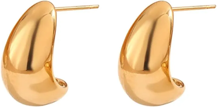 Chunky Gold Stud Half Hoop Earrings, Waterdrop Earrings for Women Open Hoop with 18 K Gold Filled Hypoallergenic Jewelry for Women