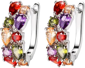 Classic Multi Gemstones Silver Sets, with Birthstone Crystals Amethyst Garnet Morganite Peridot, Jewelry Gifts for Women (Piercing clip earrings)