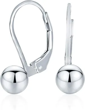 Classic Simple Basic Dangling Lever back Round Bead Ball Drop Earrings For Women .925 Sterling Silver 6MM