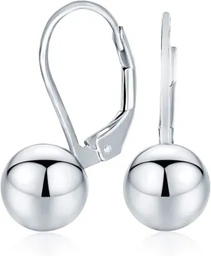 Classic Simple Basic Dangling Lever back Round Bead Ball Drop Earrings For Women .925 Sterling Silver 8MM