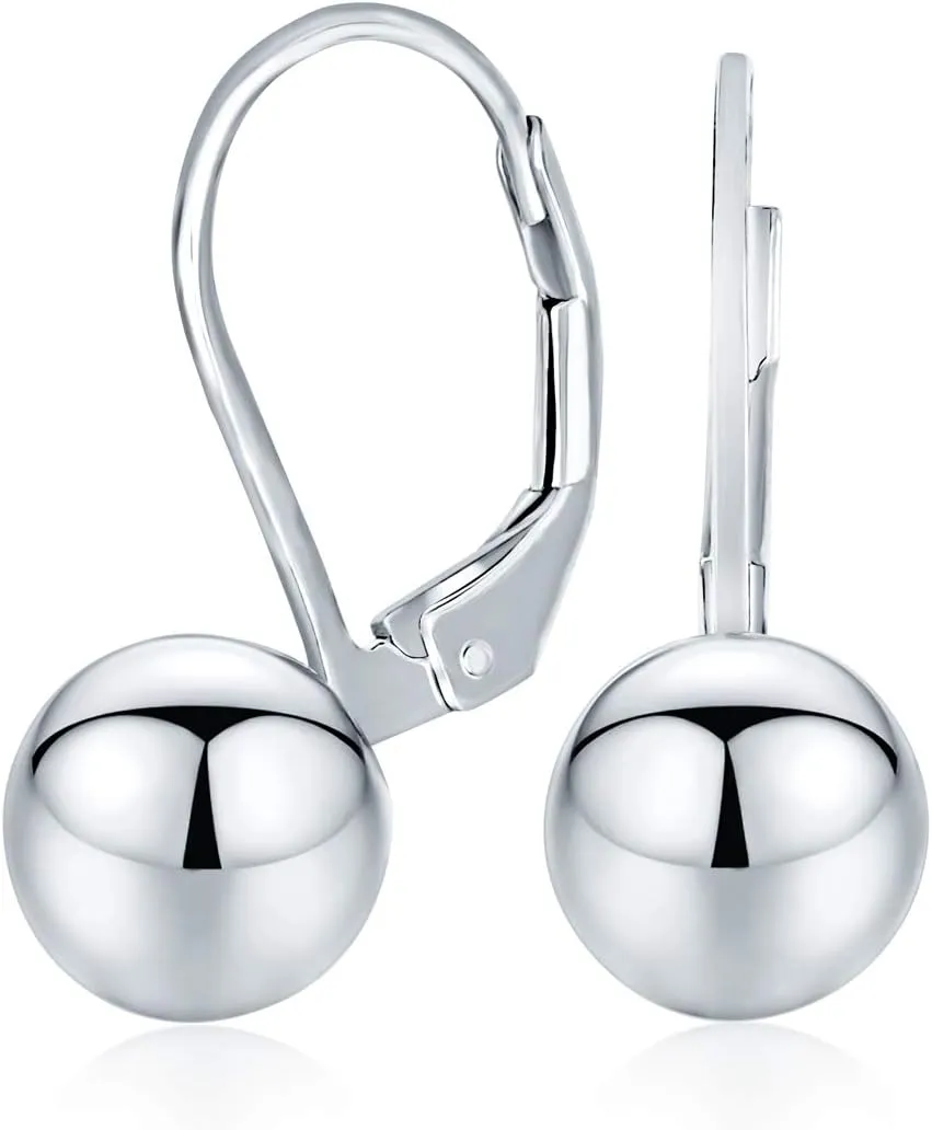 Classic Simple Basic Dangling Lever back Round Bead Ball Drop Earrings For Women .925 Sterling Silver 8MM