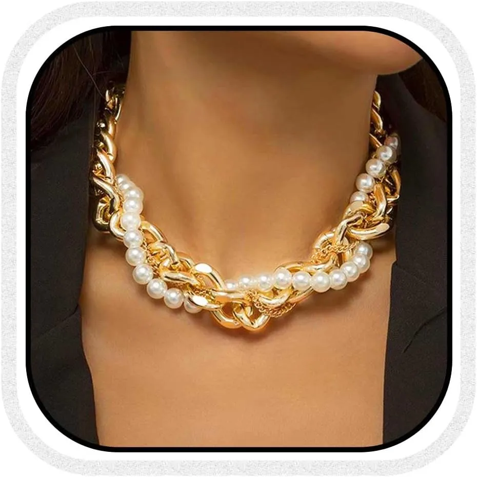 CLOACE Gold Pearl Choker Necklace Cuban Chunky Necklaces Chain Fashion Jewelry for Women