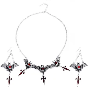Coadipress Halloween Bat Necklaces and Earrings Set for Women - Gothic Vintage Wings Black Crystal Pendant Necklace, Chic Punk Cross Earrings - Halloween Cosplay Party Jewelry Gifts