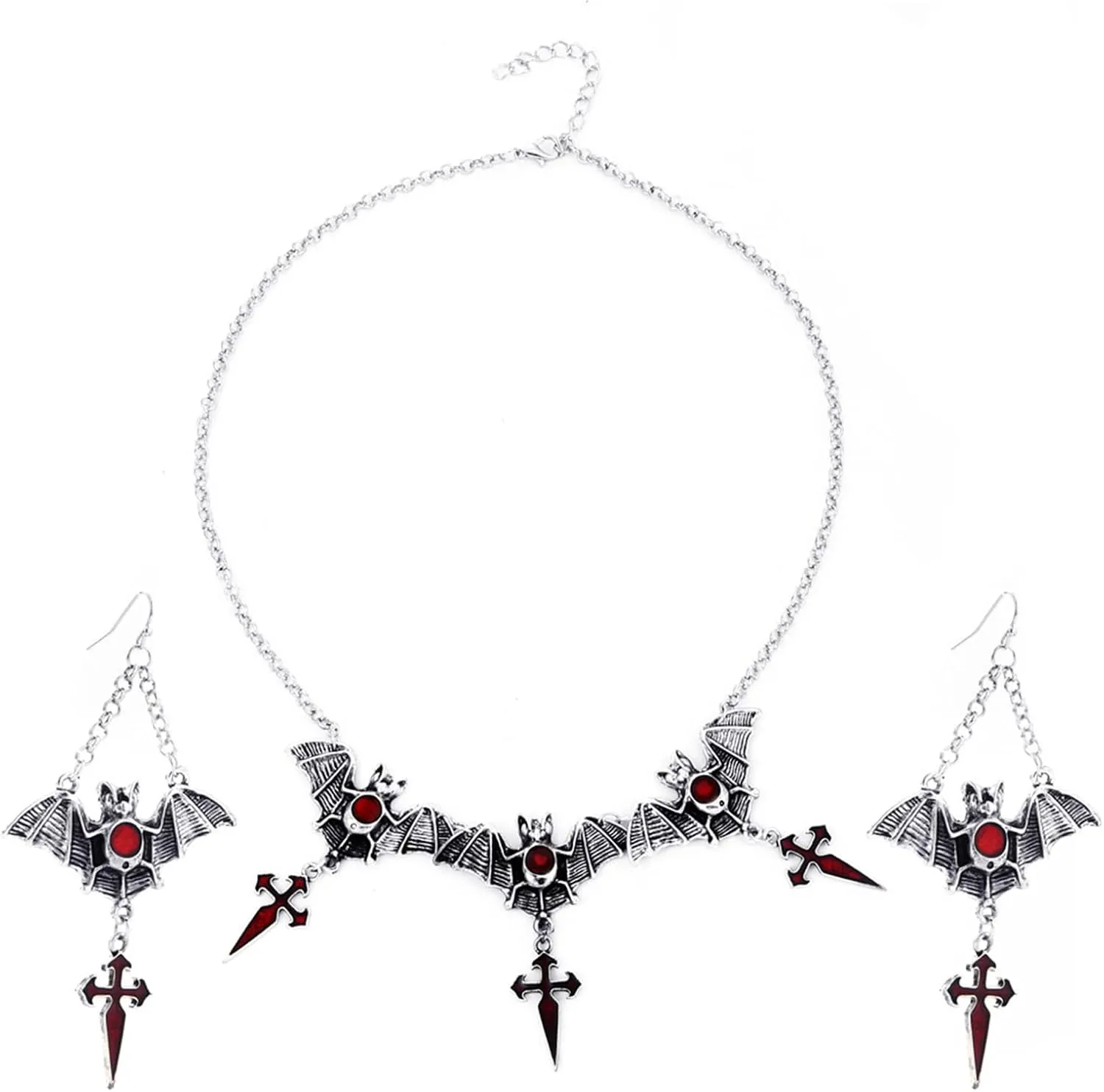 Coadipress Halloween Bat Necklaces and Earrings Set for Women - Gothic Vintage Wings Black Crystal Pendant Necklace, Chic Punk Cross Earrings - Halloween Cosplay Party Jewelry Gifts