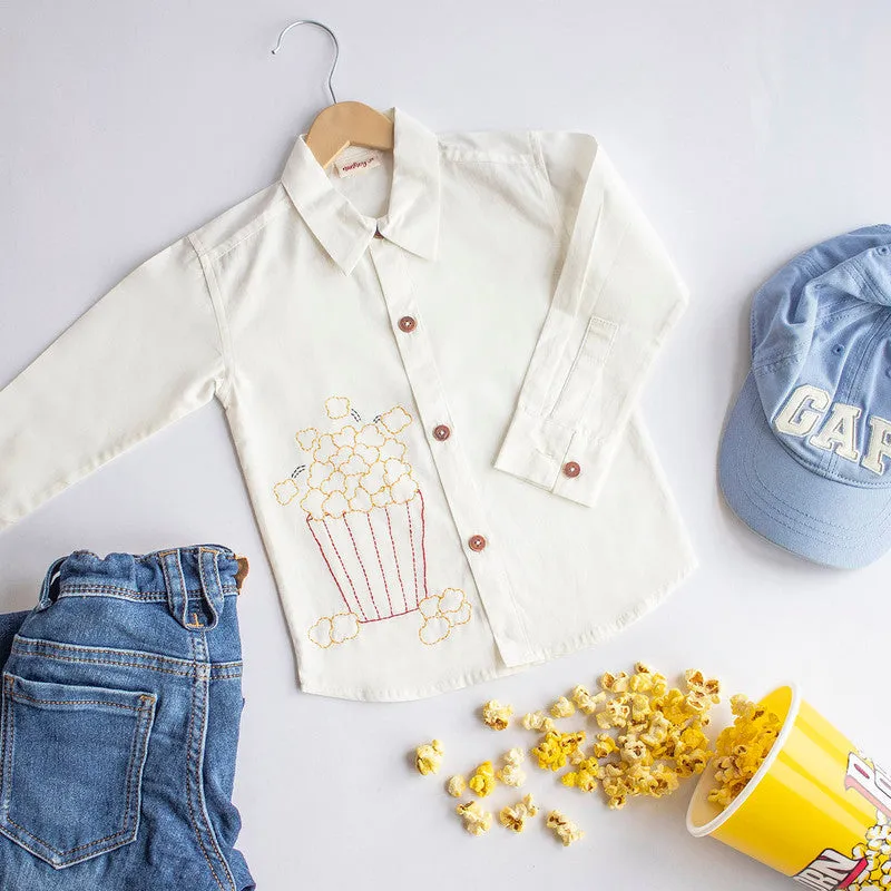 Cotton Full Sleeves Shirt for Kids | Popcorn Embroidered | White