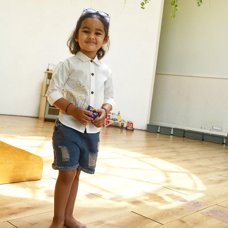 Cotton Full Sleeves Shirt for Kids | Popcorn Embroidered | White