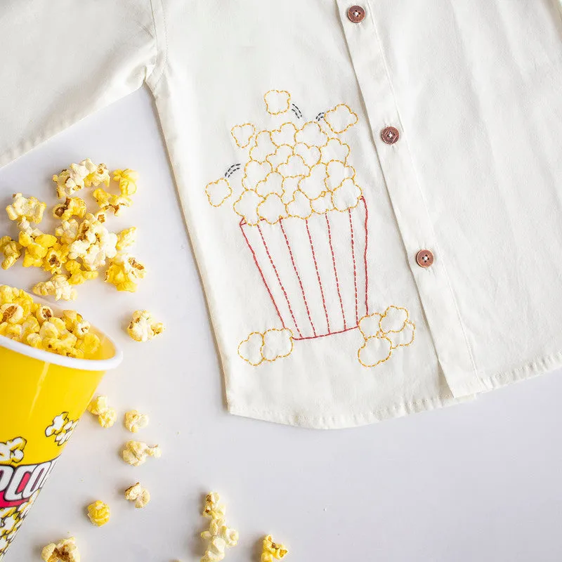 Cotton Full Sleeves Shirt for Kids | Popcorn Embroidered | White