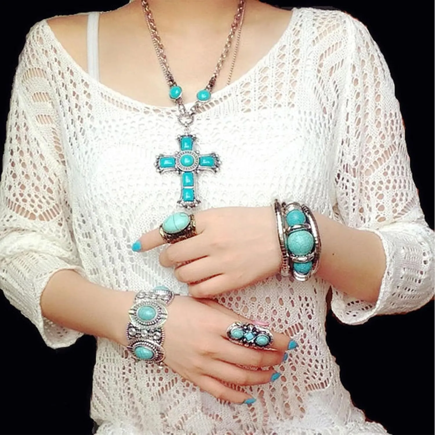 Created Navajo Pearl Necklace for Women Multi Strand Turquoise Choker Western Jewelry Vintage Boho Chic Beaded Statement Necklaces