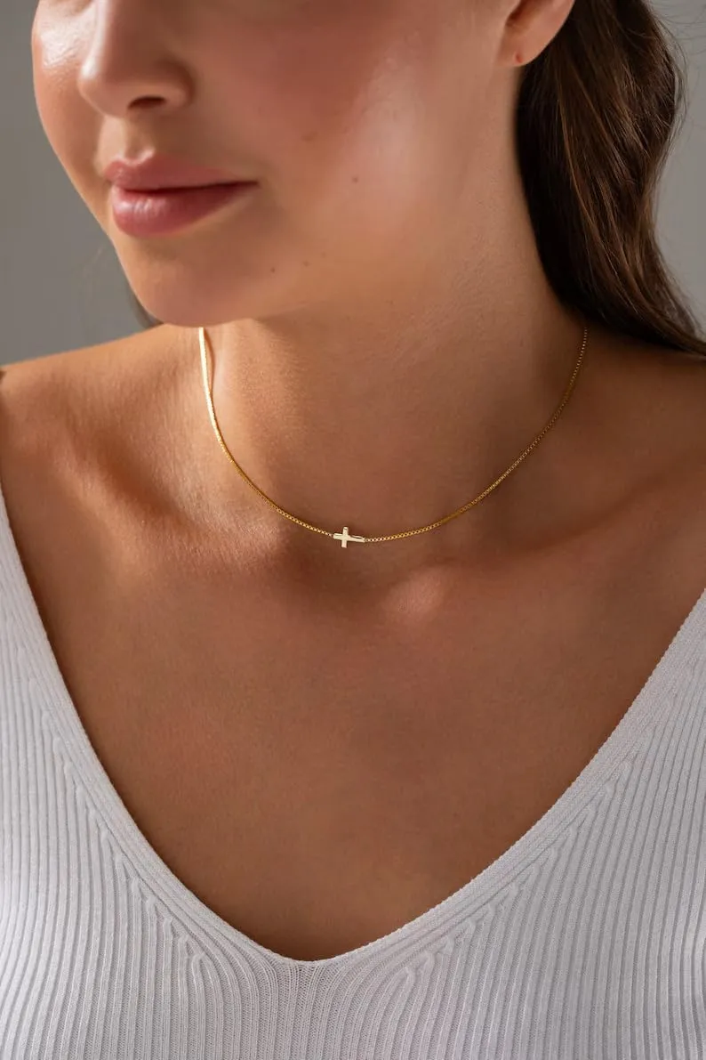Cross Necklace for Women Cross Choker Datiny Small Cute Sideway Necklaces CZ Layered Faith Pendant Necklace Trendy Religious Jewelry Gift