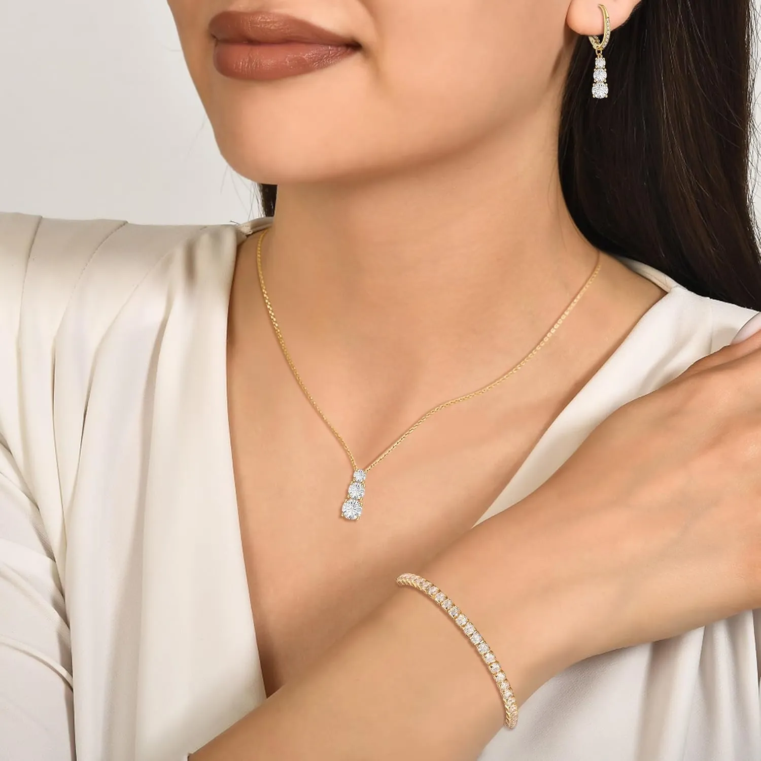 Crysdue Cubic Zirconia Jewelry Set for Women Bridesmaid, Classic Round Cut Drop Lightweight Lever Back Earrings Pendant Necklace Tennis Bracelet for Wedding Prom Party