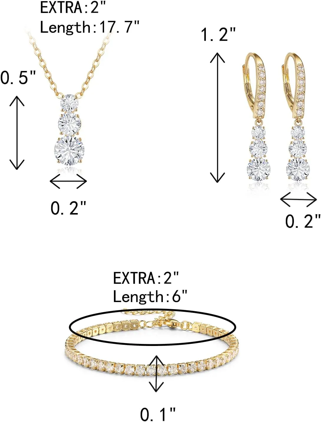 Crysdue Cubic Zirconia Jewelry Set for Women Bridesmaid, Classic Round Cut Drop Lightweight Lever Back Earrings Pendant Necklace Tennis Bracelet for Wedding Prom Party