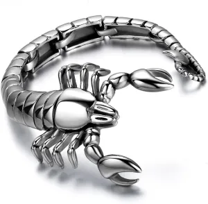Cupimatch Men's Stainless Steel Bracelet: Gothic Polished Stainless Steel Large Scorpion King Cuff Bangle Bracelet Silver